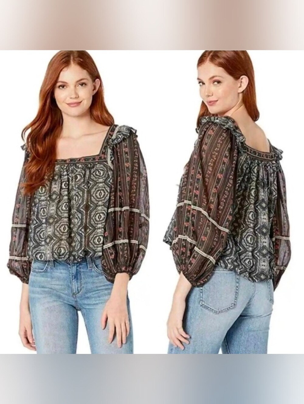 Free People Black and Brown Printed Square-Neck Boho Blouse